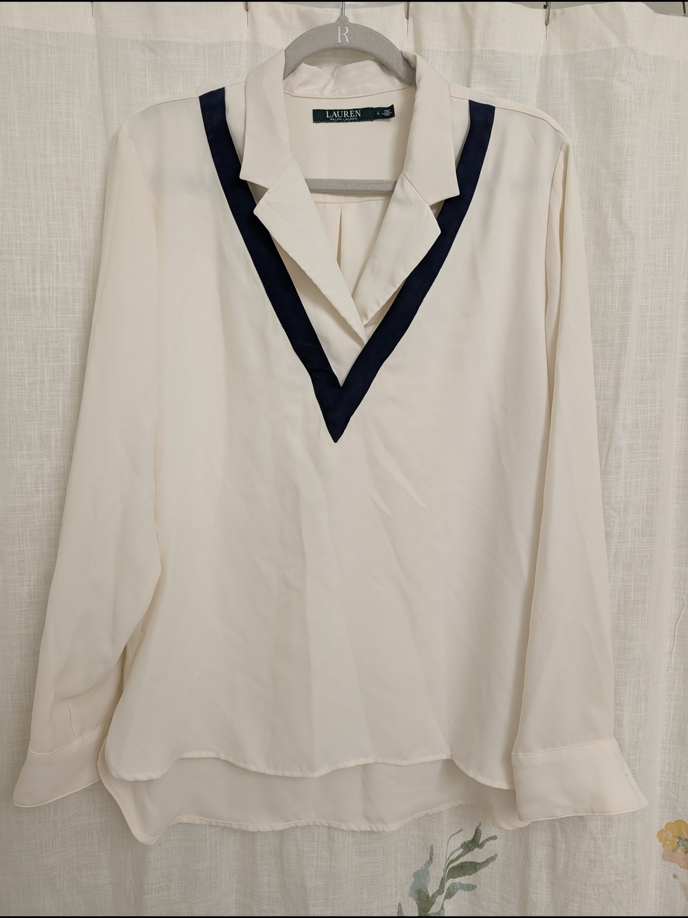 Lauren Ralph Lauren Cream Blouse Navy Trim Long Sleeve Top Women’s Large